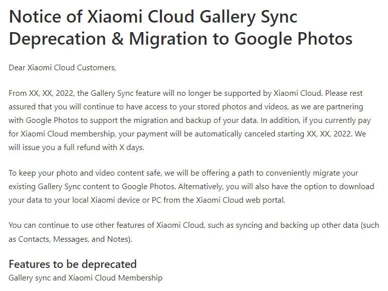 Xiaomi прекращает синхронизацию фото из галереи в Xiaomi Cloud