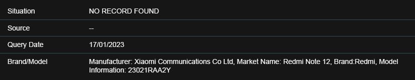 Новый смартфон Redmi Note 12 4G засветился в базе данных IMEI