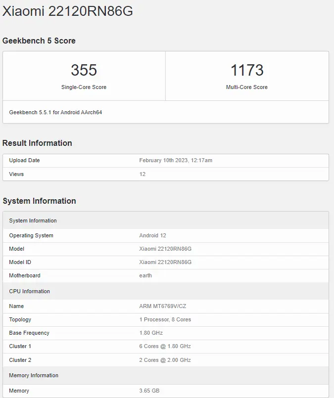 Redmi 12C тест в Geekbench